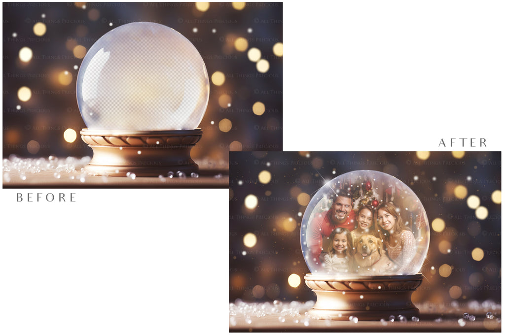 Digital Snow Globe Background, with Png snow overlays & PSD Template. The globe is transparent, perfect for adding your own images and retain the glass effect.The file is 6000 x 4000, 300dpi. Png Included. Use for Christmas edits, Photography, Card Crafts, Scrapbooking. Xmas Backdrops. Santa holding a glass ball.