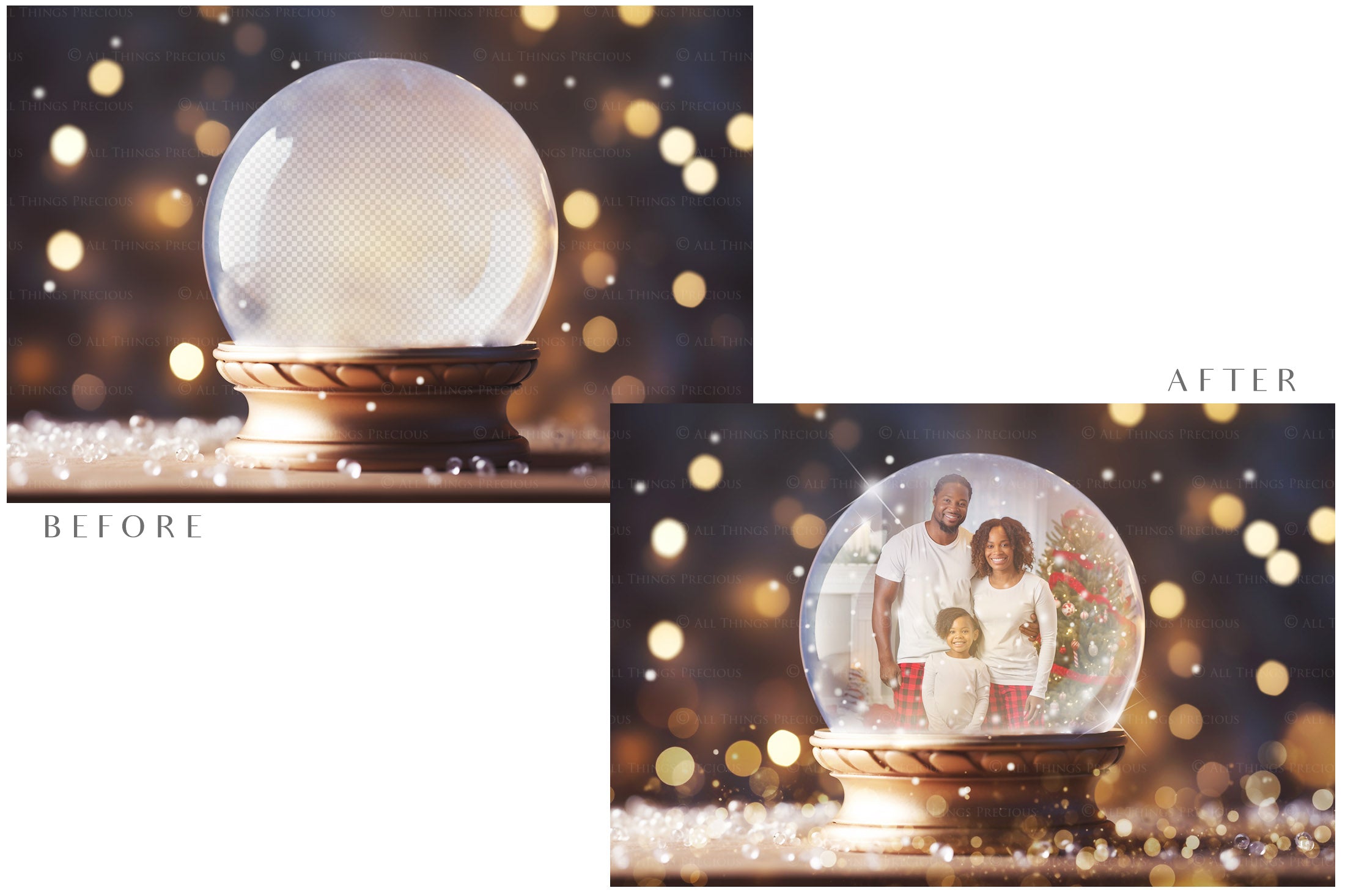 Digital Snow Globe Background, with Png snow overlays & PSD Template. The globe is transparent, perfect for adding your own images and retain the glass effect.The file is 6000 x 4000, 300dpi. Png Included. Use for Christmas edits, Photography, Card Crafts, Scrapbooking. Xmas Backdrops. Santa holding a glass ball.