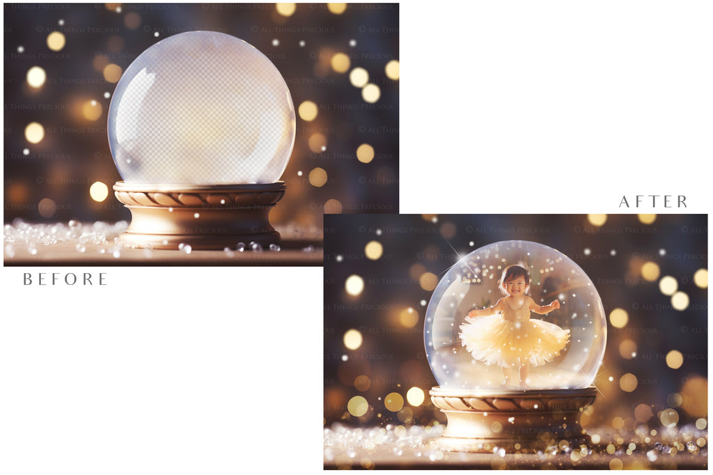 Digital Snow Globe Background, with Png snow overlays & PSD Template. The globe is transparent, perfect for adding your own images and retain the glass effect.The file is 6000 x 4000, 300dpi. Png Included. Use for Christmas edits, Photography, Card Crafts, Scrapbooking. Xmas Backdrops. Santa holding a glass ball.