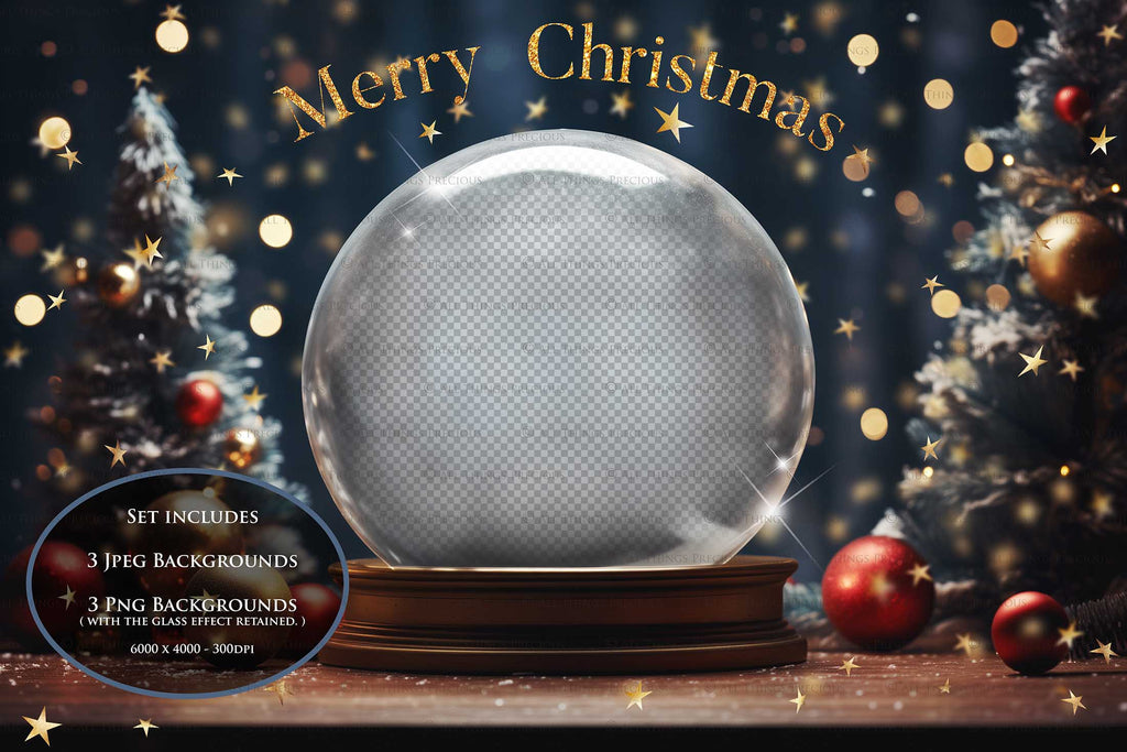 Digital Snow Globe Background, with Png snow overlays & PSD Template. The globe is transparent, perfect for adding your own images and retain the glass effect.The file is 6000 x 4000, 300dpi. Png Included. Use for Christmas edits, Photography, Card Crafts, Scrapbooking. Xmas Backdrops. Santa holding a glass ball.