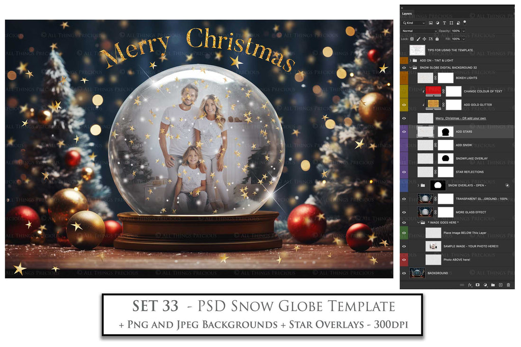 Digital Snow Globe Background, with Png snow overlays & PSD Template. The globe is transparent, perfect for adding your own images and retain the glass effect.The file is 6000 x 4000, 300dpi. Png Included. Use for Christmas edits, Photography, Card Crafts, Scrapbooking. Xmas Backdrops. Santa holding a glass ball.