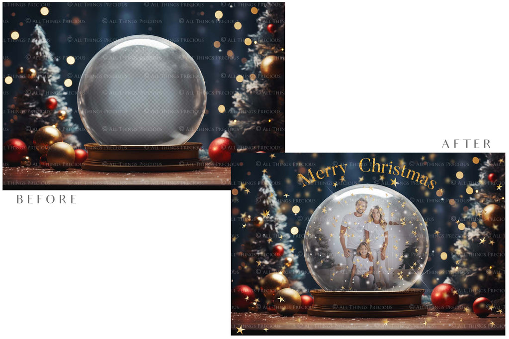 Digital Snow Globe Background, with Png snow overlays & PSD Template. The globe is transparent, perfect for adding your own images and retain the glass effect.The file is 6000 x 4000, 300dpi. Png Included. Use for Christmas edits, Photography, Card Crafts, Scrapbooking. Xmas Backdrops. Santa holding a glass ball.