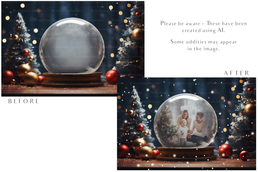 Digital Snow Globe Background, with Png snow overlays & PSD Template. The globe is transparent, perfect for adding your own images and retain the glass effect.The file is 6000 x 4000, 300dpi. Png Included. Use for Christmas edits, Photography, Card Crafts, Scrapbooking. Xmas Backdrops. Santa holding a glass ball.