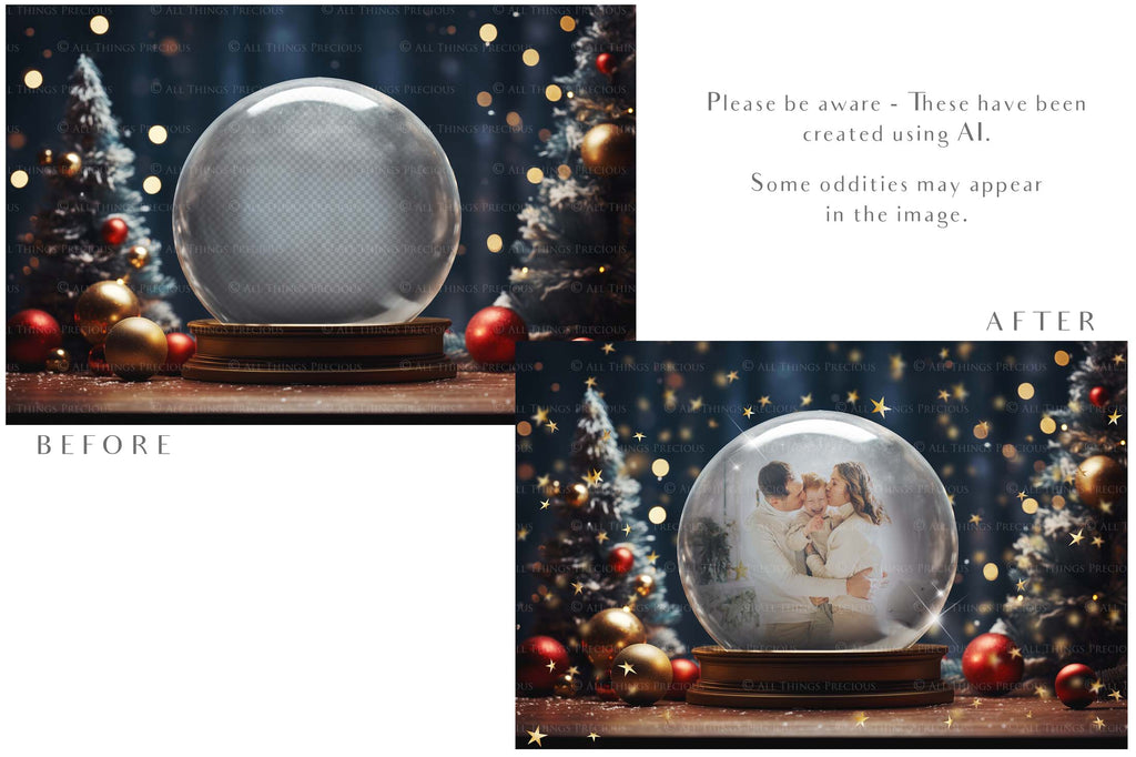 Digital Snow Globe Background, with Png snow overlays & PSD Template. The globe is transparent, perfect for adding your own images and retain the glass effect.The file is 6000 x 4000, 300dpi. Png Included. Use for Christmas edits, Photography, Card Crafts, Scrapbooking. Xmas Backdrops. Santa holding a glass ball.