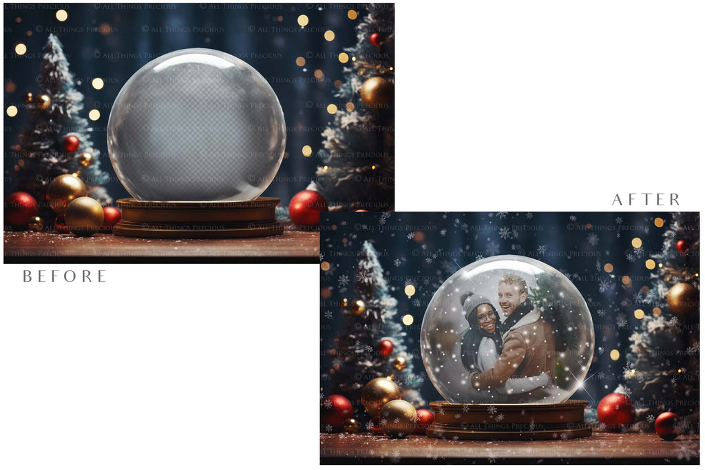 Digital Snow Globe Background, with Png snow overlays & PSD Template. The globe is transparent, perfect for adding your own images and retain the glass effect.The file is 6000 x 4000, 300dpi. Png Included. Use for Christmas edits, Photography, Card Crafts, Scrapbooking. Xmas Backdrops. Santa holding a glass ball.