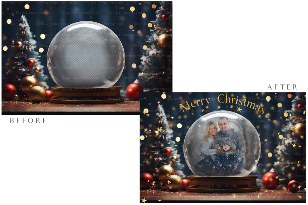 Digital Snow Globe Background, with Png snow overlays & PSD Template. The globe is transparent, perfect for adding your own images and retain the glass effect.The file is 6000 x 4000, 300dpi. Png Included. Use for Christmas edits, Photography, Card Crafts, Scrapbooking. Xmas Backdrops. Santa holding a glass ball.