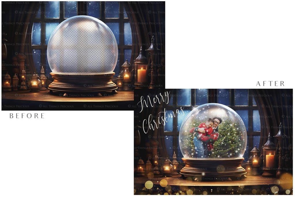 Digital Snow Globe Background. Png snow and glow overlays with PSD Template. The globe is transparent, perfect for adding your own images and retain the glass effect. Nutcracker Mouse Christmas. The file is 6000 x 4000, 300dpi. Png Included. Use for Xmas edits, Photography, Card Crafts, Scrapbooking. ATP Textures