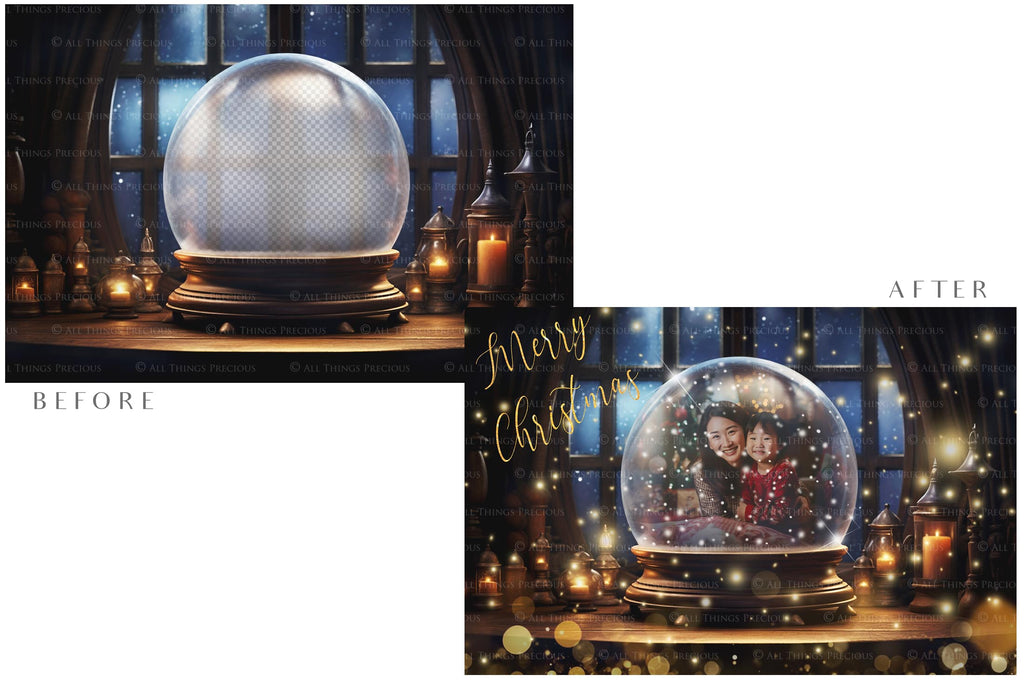 Digital Snow Globe Background. Png snow and glow overlays with PSD Template. The globe is transparent, perfect for adding your own images and retain the glass effect. Nutcracker Mouse Christmas. The file is 6000 x 4000, 300dpi. Png Included. Use for Xmas edits, Photography, Card Crafts, Scrapbooking. ATP Textures