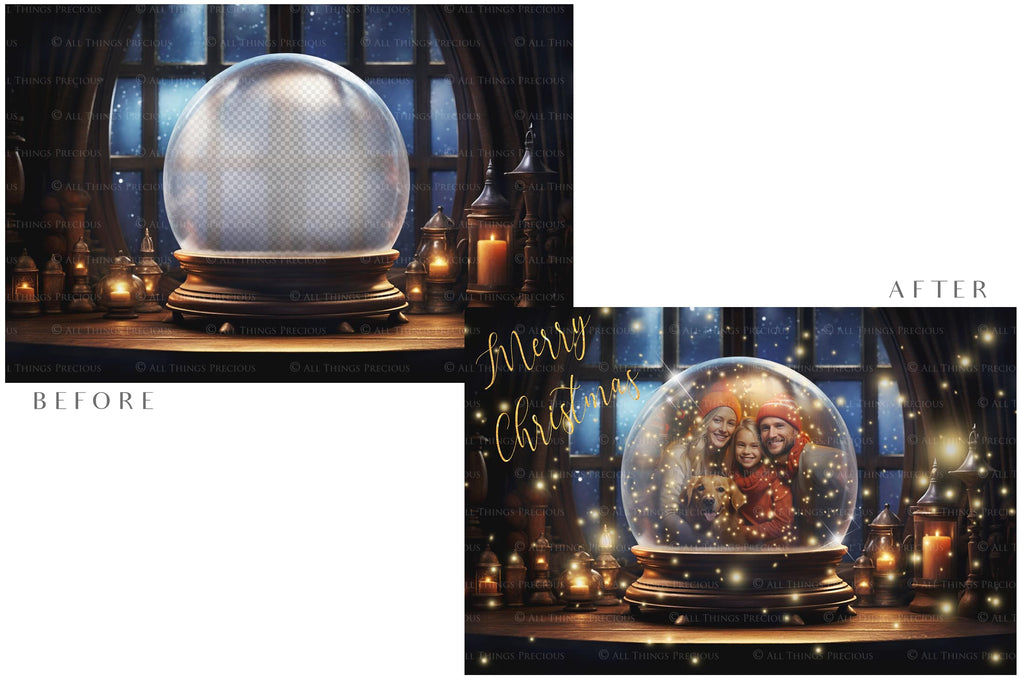 Digital Snow Globe Background. Png snow and glow overlays with PSD Template. The globe is transparent, perfect for adding your own images and retain the glass effect. Nutcracker Mouse Christmas. The file is 6000 x 4000, 300dpi. Png Included. Use for Xmas edits, Photography, Card Crafts, Scrapbooking. ATP Textures