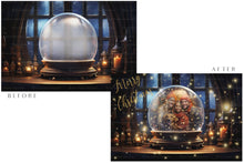 Load image into Gallery viewer, Digital Snow Globe Background. Png snow and glow overlays with PSD Template. The globe is transparent, perfect for adding your own images and retain the glass effect. Nutcracker Mouse Christmas. The file is 6000 x 4000, 300dpi. Png Included. Use for Xmas edits, Photography, Card Crafts, Scrapbooking. ATP Textures
