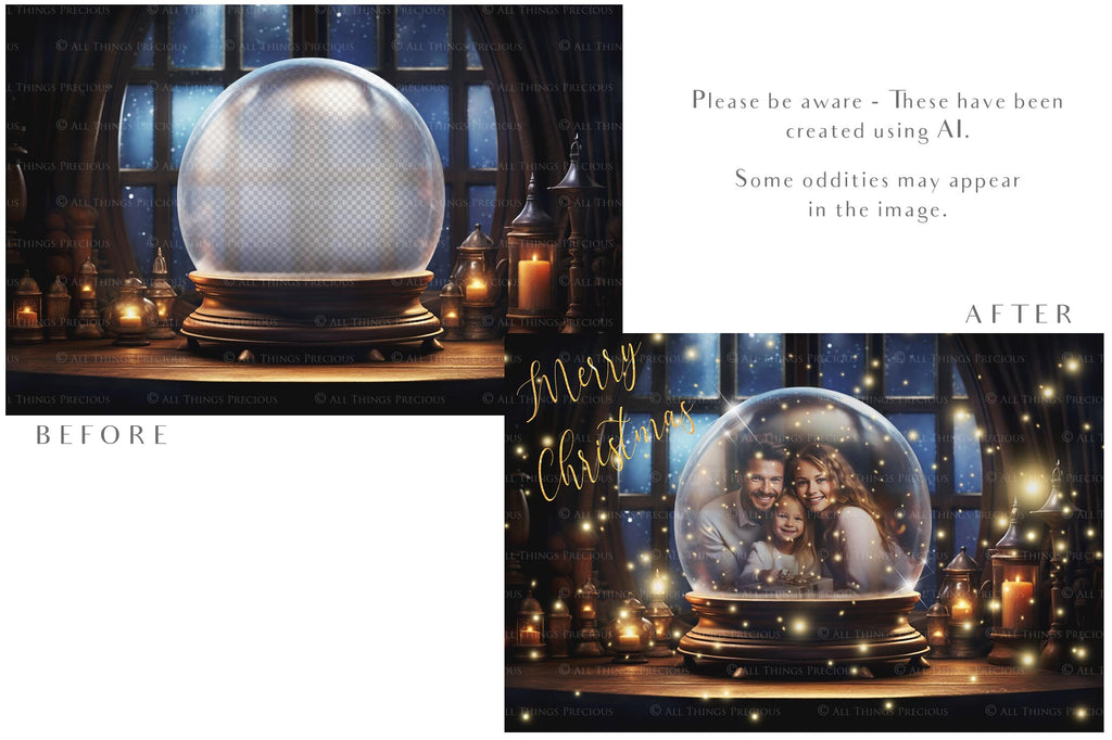 Digital Snow Globe Background. Png snow and glow overlays with PSD Template. The globe is transparent, perfect for adding your own images and retain the glass effect. Nutcracker Mouse Christmas. The file is 6000 x 4000, 300dpi. Png Included. Use for Xmas edits, Photography, Card Crafts, Scrapbooking. ATP Textures