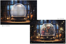 Load image into Gallery viewer, Digital Snow Globe Background. Png snow and glow overlays with PSD Template. The globe is transparent, perfect for adding your own images and retain the glass effect. Nutcracker Mouse Christmas. The file is 6000 x 4000, 300dpi. Png Included. Use for Xmas edits, Photography, Card Crafts, Scrapbooking. ATP Textures
