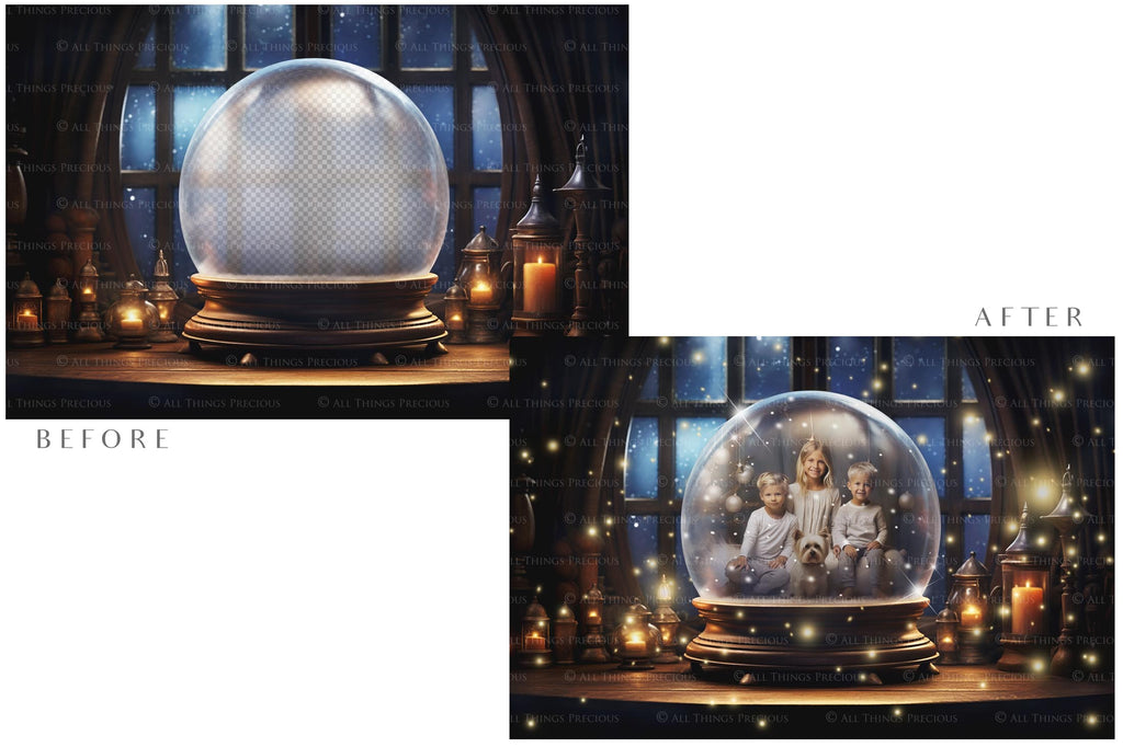 Digital Snow Globe Background. Png snow and glow overlays with PSD Template. The globe is transparent, perfect for adding your own images and retain the glass effect. Nutcracker Mouse Christmas. The file is 6000 x 4000, 300dpi. Png Included. Use for Xmas edits, Photography, Card Crafts, Scrapbooking. ATP Textures