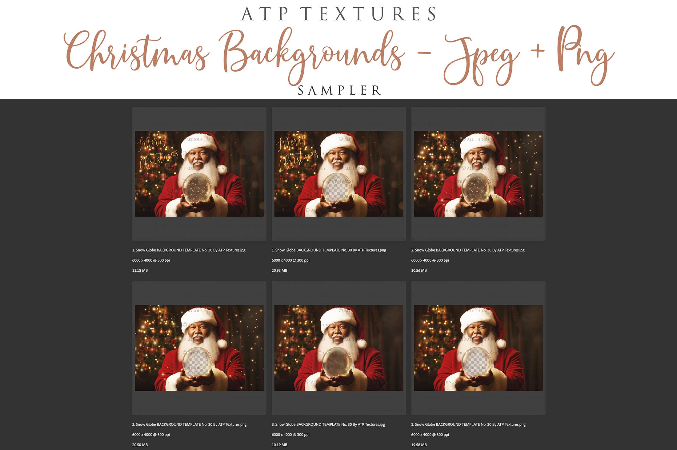 Digital Santa Globe Background, with Png overlays & PSD Template. The globe is transparent, perfect to add images and retain the glass effect. 6000 x 4000, 300dpi. Png Included. Use for Christmas edits, Photography, Card Crafts, Scrapbooking. Xmas Backdrops. African American Black Santa holding a glass ball.