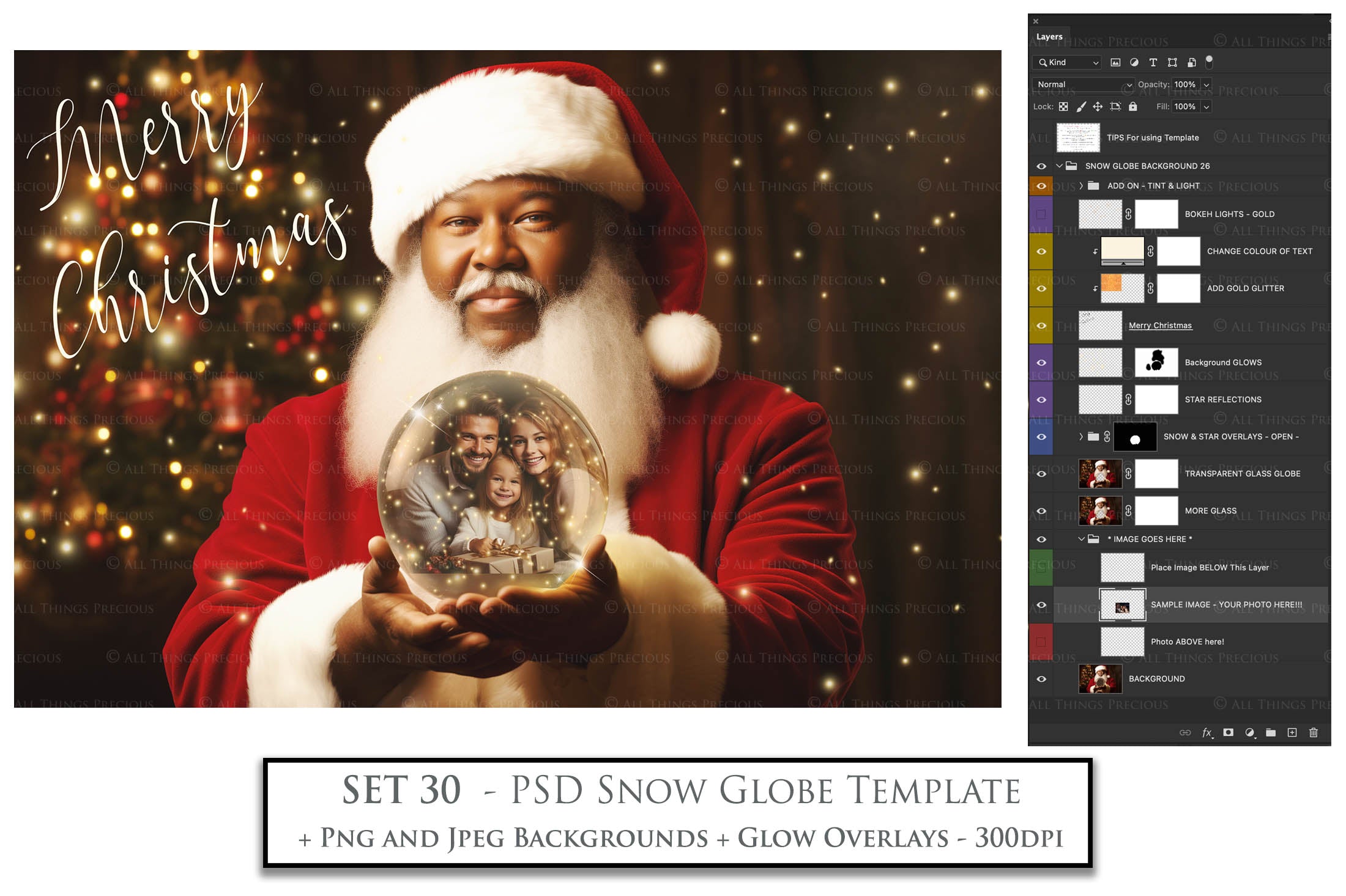 Digital Santa Globe Background, with Png overlays & PSD Template. The globe is transparent, perfect to add images and retain the glass effect. 6000 x 4000, 300dpi. Png Included. Use for Christmas edits, Photography, Card Crafts, Scrapbooking. Xmas Backdrops. African American Black Santa holding a glass ball.