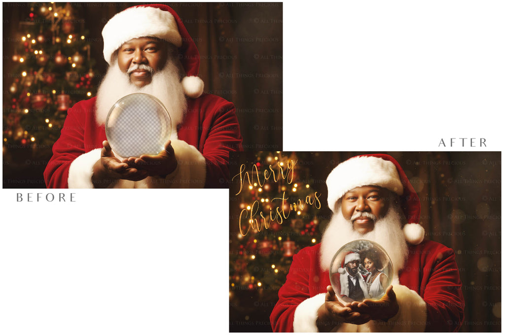 Digital Santa Globe Background, with Png overlays & PSD Template. The globe is transparent, perfect to add images and retain the glass effect. 6000 x 4000, 300dpi. Png Included. Use for Christmas edits, Photography, Card Crafts, Scrapbooking. Xmas Backdrops. African American Black Santa holding a glass ball.