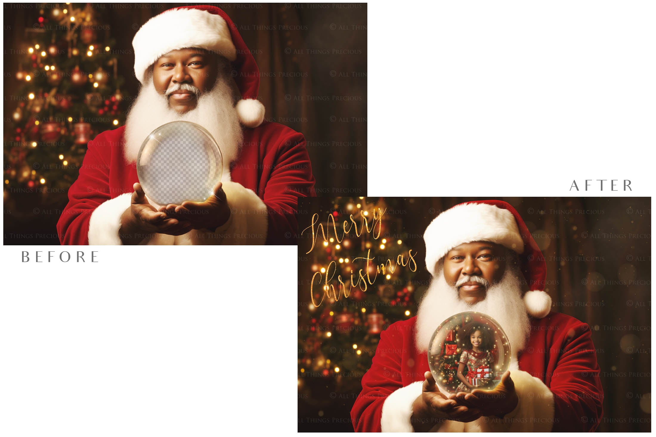 Digital Santa Globe Background, with Png overlays & PSD Template. The globe is transparent, perfect to add images and retain the glass effect. 6000 x 4000, 300dpi. Png Included. Use for Christmas edits, Photography, Card Crafts, Scrapbooking. Xmas Backdrops. African American Black Santa holding a glass ball.