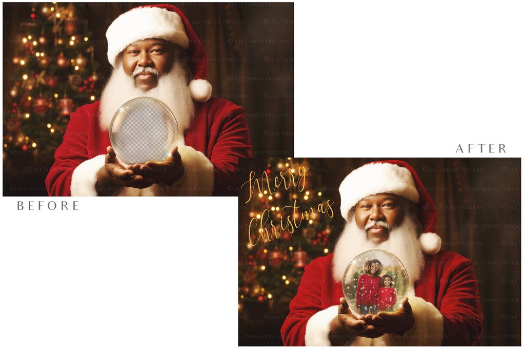 Digital Santa Globe Background, with Png overlays & PSD Template. The globe is transparent, perfect to add images and retain the glass effect. 6000 x 4000, 300dpi. Png Included. Use for Christmas edits, Photography, Card Crafts, Scrapbooking. Xmas Backdrops. African American Black Santa holding a glass ball.