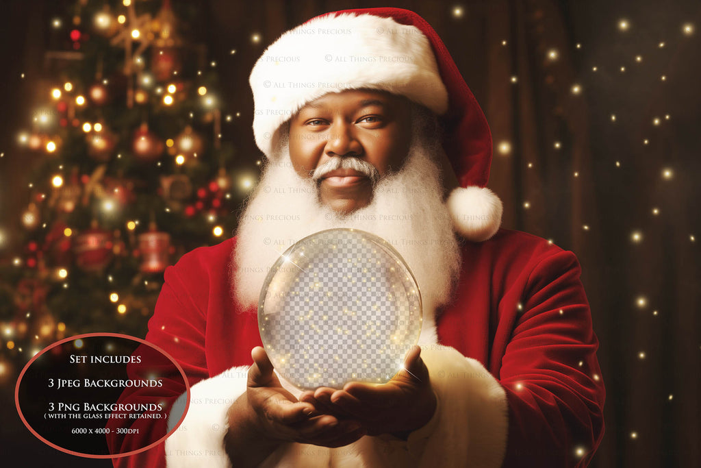 Digital Santa Globe Background, with Png overlays & PSD Template. The globe is transparent, perfect to add images and retain the glass effect. 6000 x 4000, 300dpi. Png Included. Use for Christmas edits, Photography, Card Crafts, Scrapbooking. Xmas Backdrops. African American Black Santa holding a glass ball.