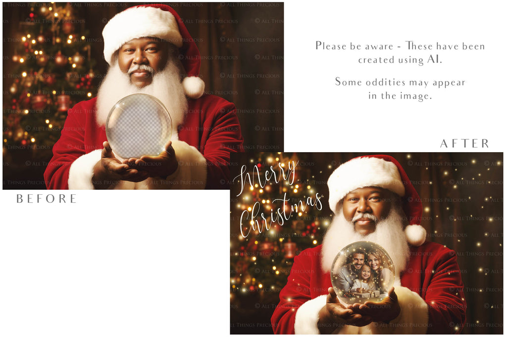 Digital Santa Globe Background, with Png overlays & PSD Template. The globe is transparent, perfect to add images and retain the glass effect. 6000 x 4000, 300dpi. Png Included. Use for Christmas edits, Photography, Card Crafts, Scrapbooking. Xmas Backdrops. African American Black Santa holding a glass ball.