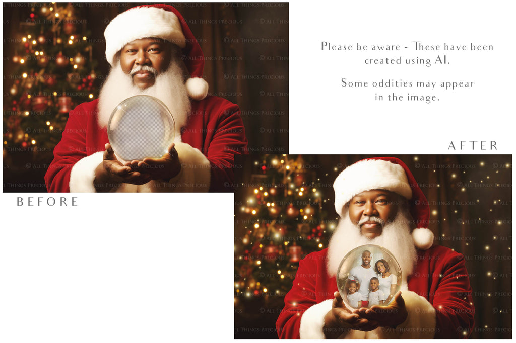 Digital Santa Globe Background, with Png overlays & PSD Template. The globe is transparent, perfect to add images and retain the glass effect. 6000 x 4000, 300dpi. Png Included. Use for Christmas edits, Photography, Card Crafts, Scrapbooking. Xmas Backdrops. African American Black Santa holding a glass ball.