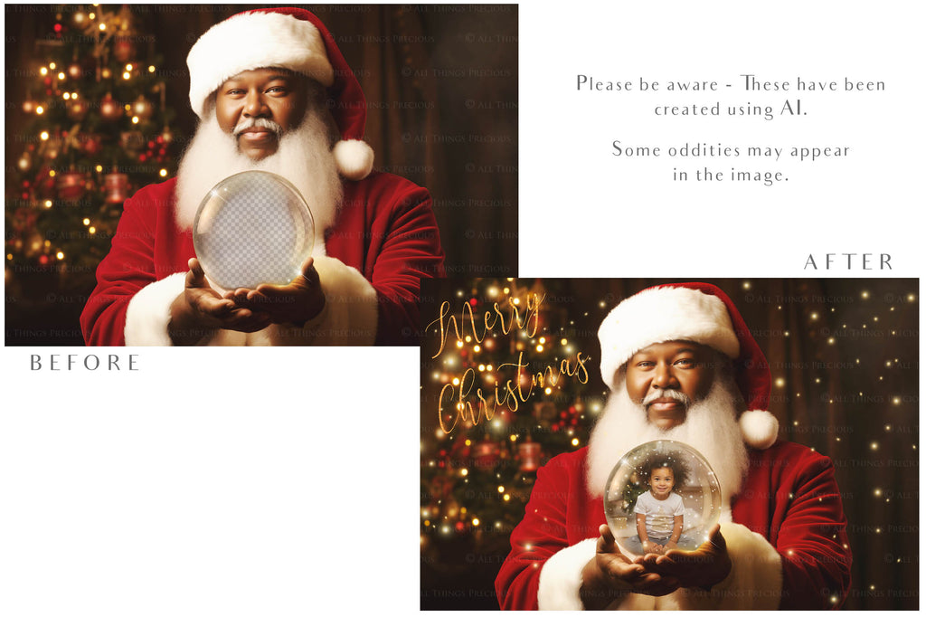 Digital Santa Globe Background, with Png overlays & PSD Template. The globe is transparent, perfect to add images and retain the glass effect. 6000 x 4000, 300dpi. Png Included. Use for Christmas edits, Photography, Card Crafts, Scrapbooking. Xmas Backdrops. African American Black Santa holding a glass ball.