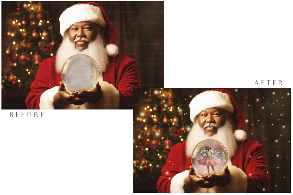 Digital Santa Globe Background, with Png overlays & PSD Template. The globe is transparent, perfect to add images and retain the glass effect. 6000 x 4000, 300dpi. Png Included. Use for Christmas edits, Photography, Card Crafts, Scrapbooking. Xmas Backdrops. African American Black Santa holding a glass ball.