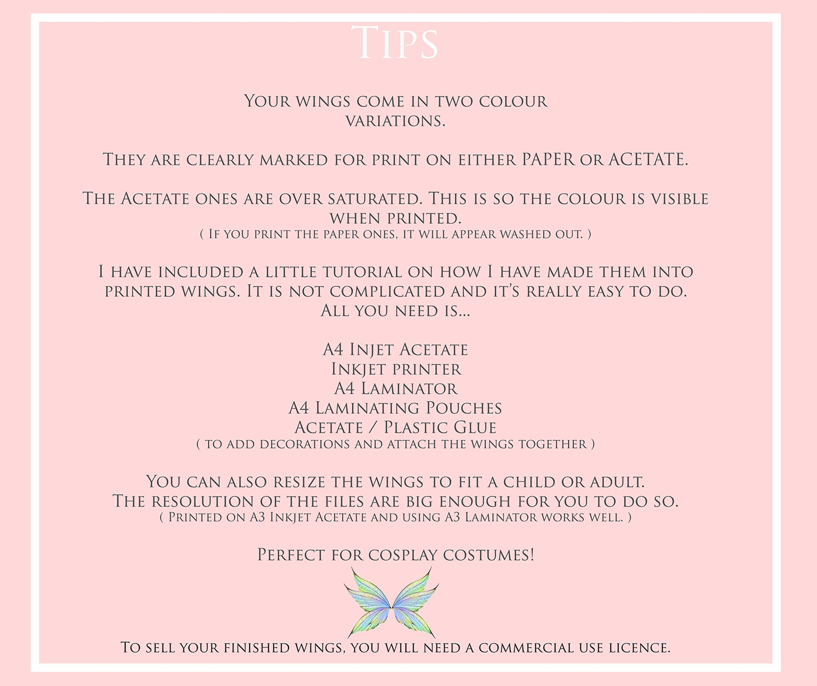 Printable fairy wings for halloween. cosplay. large adult sizes. For kids and children. Colourful, realistic.