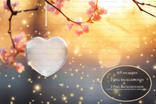 Load image into Gallery viewer, Valentines Love Heart Background. Wedding Photography edit. High resolution, Digital file. With Glass Globe in a heart shape, glows and bokeh. Png overlays for photoshop. Print as invitations or cards. 6000 x 4000, 300dpi. By ATP Textures.
