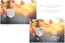 Load image into Gallery viewer, Valentines Love Heart Background. Wedding Photography edit. High resolution, Digital file. With Glass Globe in a heart shape, glows and bokeh. Png overlays for photoshop. Print as invitations or cards. 6000 x 4000, 300dpi. By ATP Textures.
