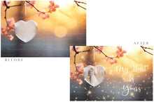 Load image into Gallery viewer, Valentines Love Heart Background. Wedding Photography edit. High resolution, Digital file. With Glass Globe in a heart shape, glows and bokeh. Png overlays for photoshop. Print as invitations or cards. 6000 x 4000, 300dpi. By ATP Textures.
