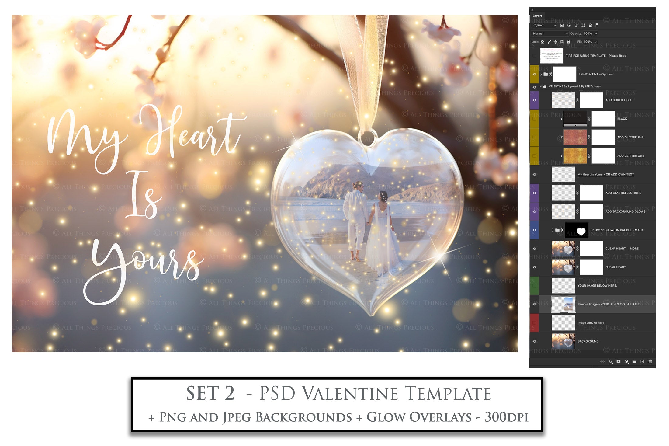 Magical Valentines Template Background. Glass Heart Bauble with Glow overlays. Add a photo to the digital background. Glass Effect Ornament. Jpeg + Png copies. Printable Invitation, Card, Wedding Engagement, Newborn Photography. High resolution Art.