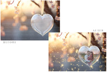 Load image into Gallery viewer, Magical Valentines Template Background. Glass Heart Bauble with Glow overlays. Add a photo to the digital background. Glass Effect Ornament. Jpeg + Png copies. Printable Invitation, Card, Wedding Engagement, Newborn Photography. High resolution Art.

