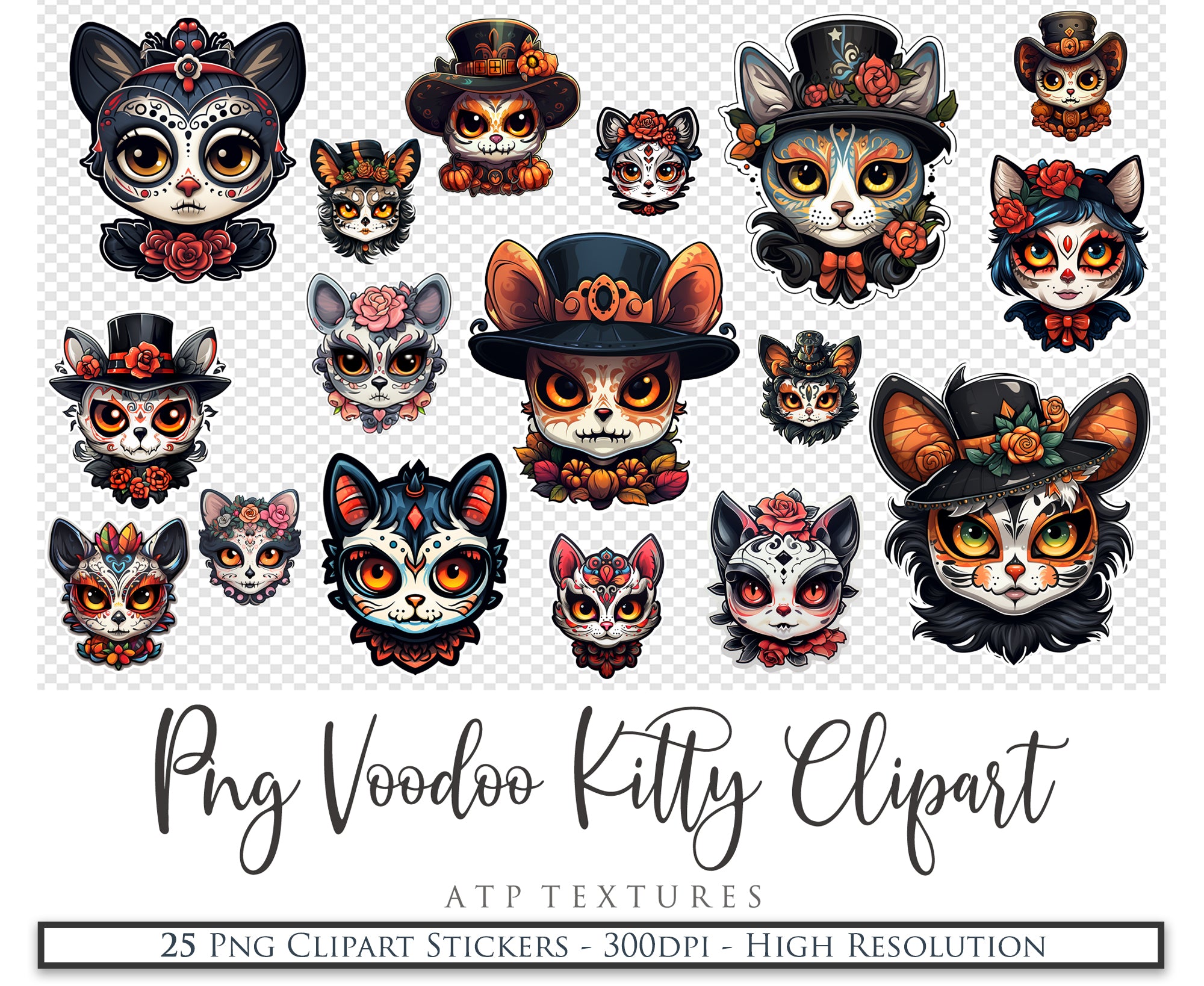 Voodoo Kitty Halloween clipart. Perfect for all your scrapbooking and card making needs.  300dpi. High resolution. If you want to print your completed artwork, you can!  These are PNG Transparent files, high resolution and 300dpi. They can easily be printed without losing any quality.