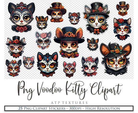 Voodoo Kitty Halloween clipart. Perfect for all your scrapbooking and card making needs.  300dpi. High resolution. If you want to print your completed artwork, you can!  These are PNG Transparent files, high resolution and 300dpi. They can easily be printed without losing any quality.