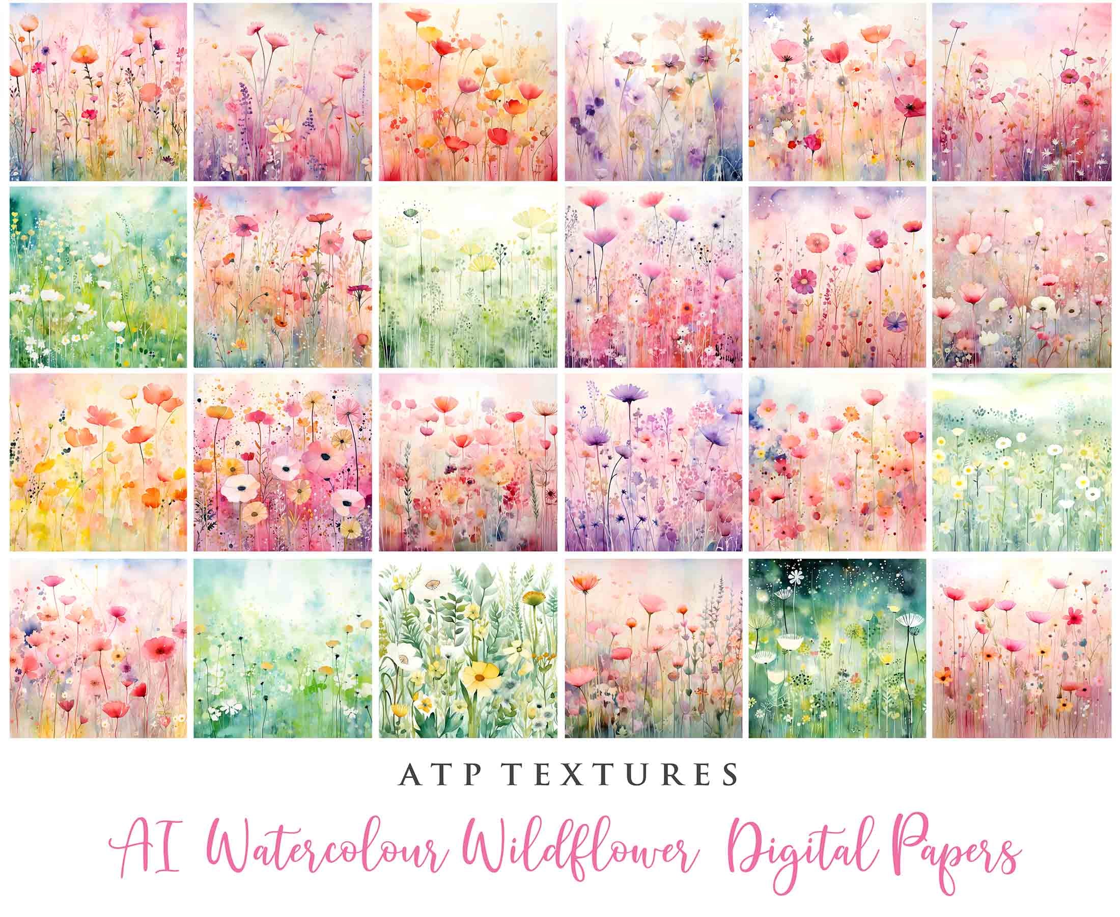 Digital Scrapbooking Papers. Each Paper is 300dpi and 5000 x 5000. High resolution printable background. Wild Flowers watercolour in pastel pink, blue, green. ATP Textures.