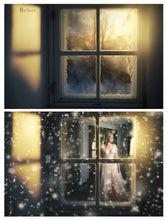 Load image into Gallery viewer, Digital Santa Window Background, with snow flurries and a PSD Template included in the set. Christmas, xmas theme. The Window has a glass effect and is transparent, perfect for you to add your own images and retain the effect. Use for Digital Cards, Printed Art, Scrapbooking or for photography. Find more at www.atptextures.com
