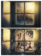 Load image into Gallery viewer, Digital Santa Window Background, with snow flurries and a PSD Template included in the set. Christmas, xmas theme. The Window has a glass effect and is transparent, perfect for you to add your own images and retain the effect. Use for Digital Cards, Printed Art, Scrapbooking or for photography. Find more at www.atptextures.com
