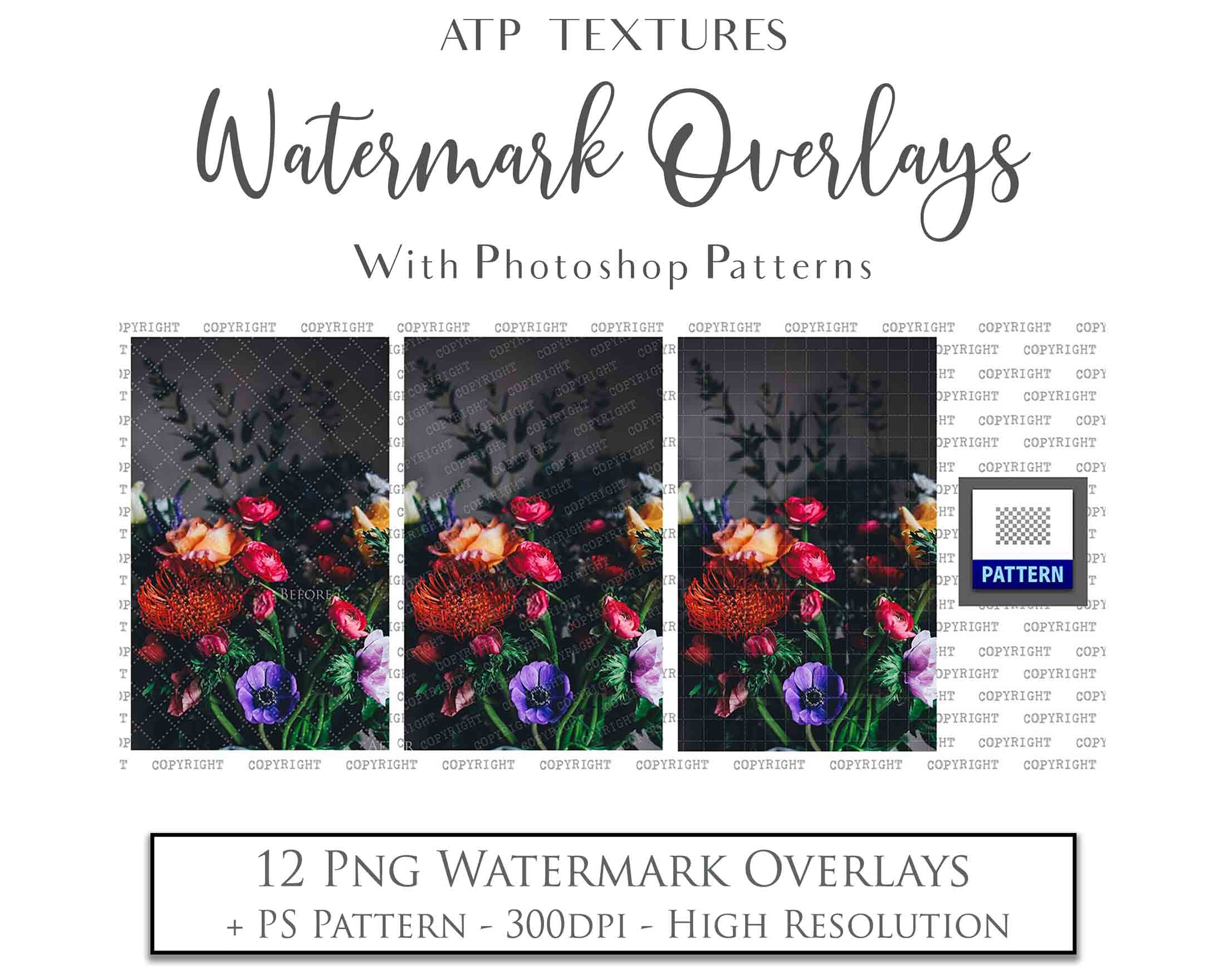 Copyright and Watermark Overlays with seamless Photoshop Patterns! A great way to protect you work.This includes transparent PNG pattern Overlays for photographers and graphic Artists. Digital assets for photography. ATP Textures