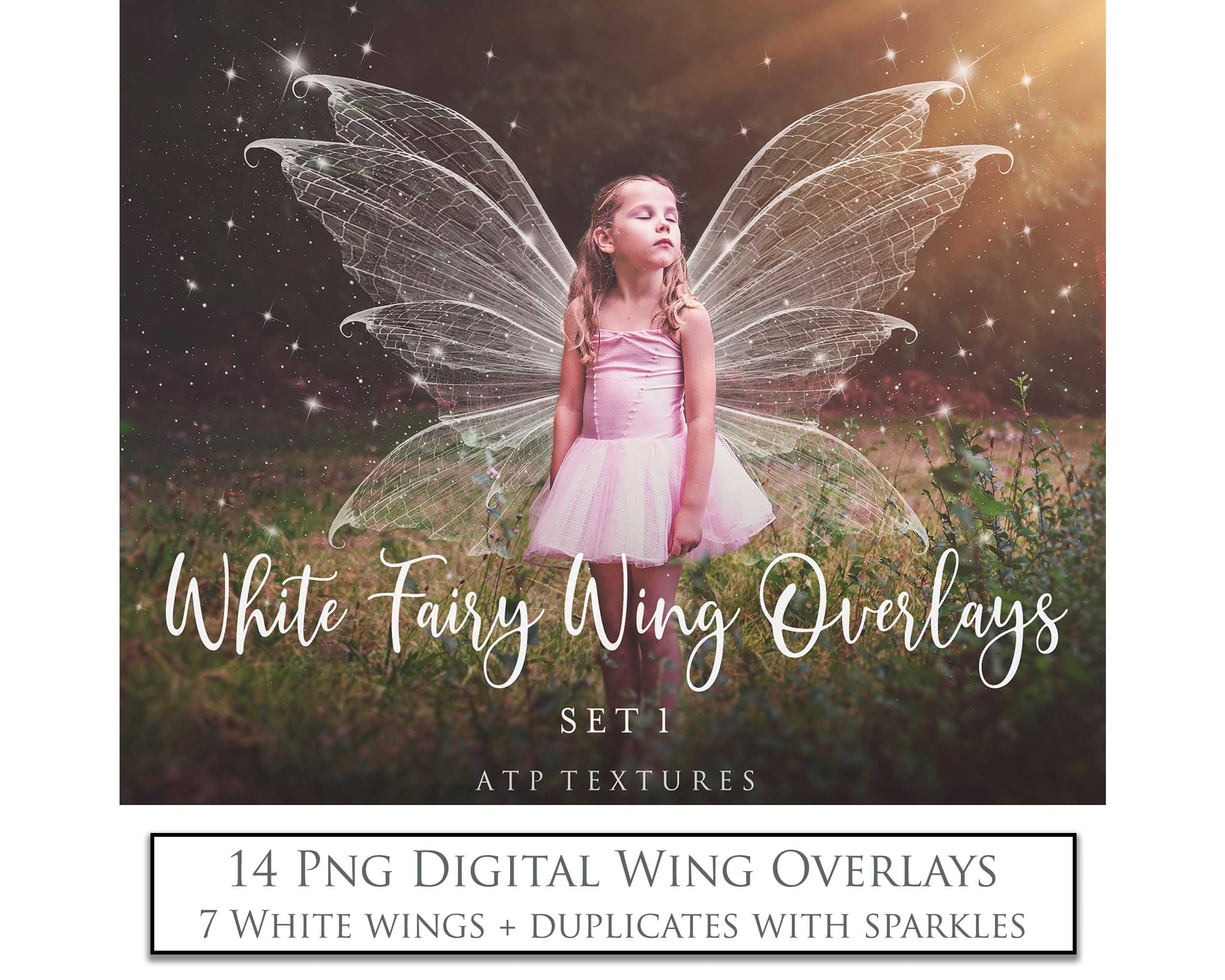 White Sparkling fairy wings, Png overlays for photoshop. High resolution transparent, see through wings. Fairycore, Cosplay, Photographers, Photoshop Edits, Digital overlay for photography. Digital stock and resources. Graphic design. Colourful, Gold, Fantasy Wing Bundle. Assets for Fine Art design. By ATP Textures