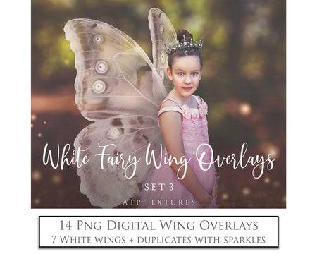 White Sparkling fairy wings, Png overlays for photoshop. High resolution transparent, see through wings. Fairycore, Cosplay, Photographers, Photoshop Edits, Digital overlay for photography. Digital stock and resources. Graphic design. Colourful, Gold, Fantasy Wing Bundle. Assets for Fine Art design. By ATP Textures