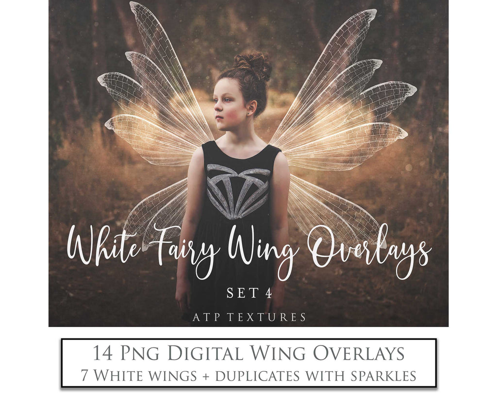 White Sparkling fairy wings, Png overlays for photoshop. High resolution transparent, see through wings. Fairycore, Cosplay, Photographers, Photoshop Edits, Digital overlay for photography. Digital stock and resources. Graphic design. Colourful, Gold, Fantasy Wing Bundle. Assets for Fine Art design. By ATP Textures