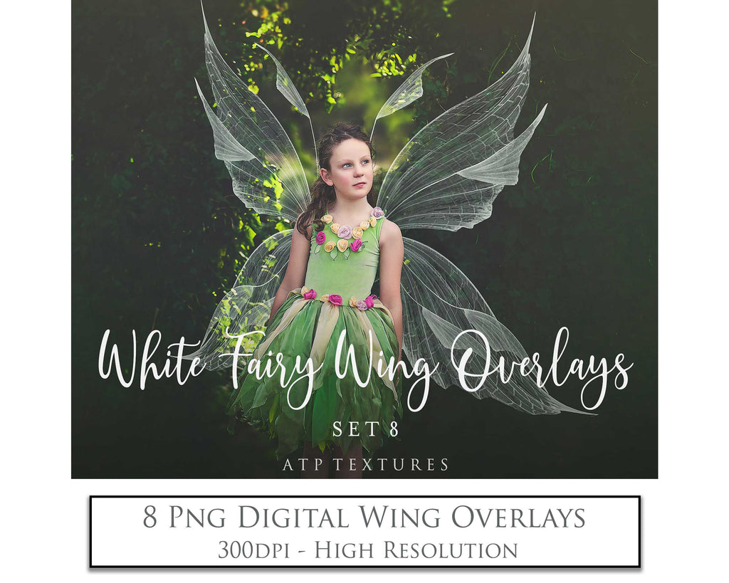 Fairy Wing Overlays For Photographers, Photoshop, Digital art. Transparent, high resolution, faery wings for photography. PNG overlays for fantasy digital art and Child portraiture. White fairy wings. Photo Overlays. Digital download. Graphic effects. Assets for photographers. ATP Textures