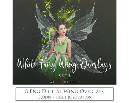 Fairy Wing Overlays For Photographers, Photoshop, Digital art. Transparent, high resolution, faery wings for photography. PNG overlays for fantasy digital art and Child portraiture. White fairy wings. Photo Overlays. Digital download. Graphic effects. Assets for photographers. ATP Textures