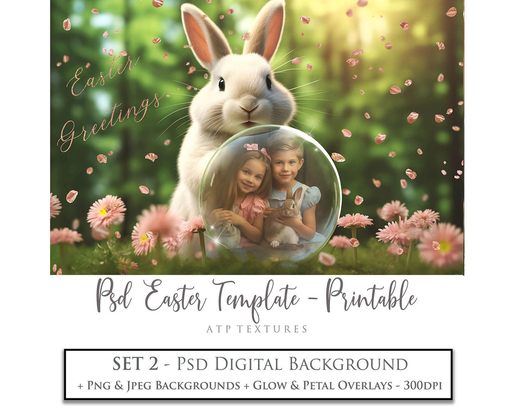 Easter bunny Announcement PSD template and Overlays. Digital Background, with Glows and petals. The globe is transparent, perfect for you to add your own images and retain the glass globe effect.This file is 6000 x 4000, 300dpi. Photography, Scrapbooking, Png, Jpeg, Psd. ATP Textures.