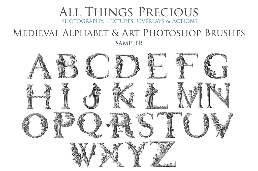 Photoshop brushes for photography and digital design.  Alphabet letters from medieval images. Flowers and bugs. High resolution digital files.  ATP Textures 