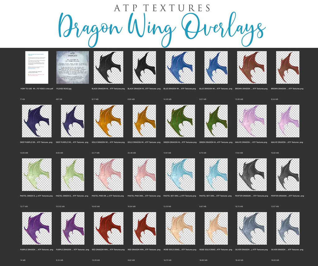 Dragon wing overlays for photography edits. High resolution fairy wings. Graphic assets and add ons for photos. ATP Textures designs.