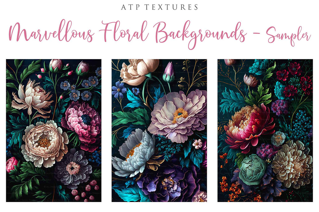 Floral Background in High resolution. For Digital scrapbooking, Print, Photoshop and Photography. Backdrop bundle. Digital, 300dpi, jpeg files for print. rich coloured flowers on a dark background.