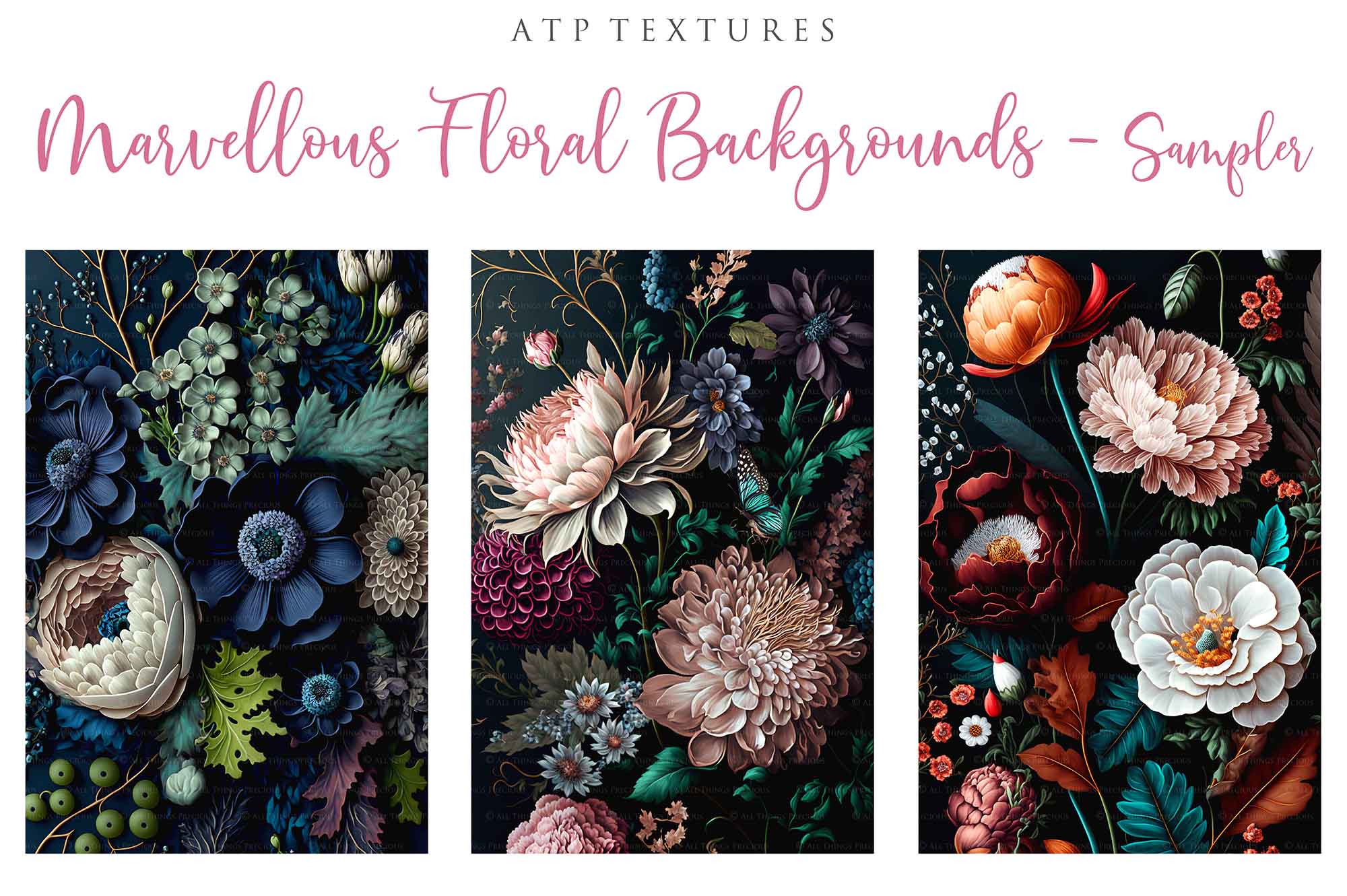 Floral Background in High resolution. For Digital scrapbooking, Print, Photoshop and Photography. Backdrop bundle. Digital, 300dpi, jpeg files for print. rich coloured flowers on a dark background.