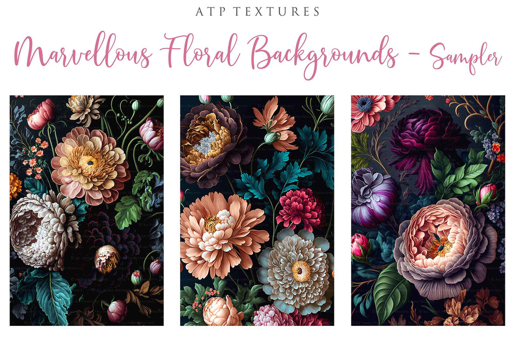 Floral Background in High resolution. For Digital scrapbooking, Print, Photoshop and Photography. Backdrop bundle. Digital, 300dpi, jpeg files for print. rich coloured flowers on a dark background.